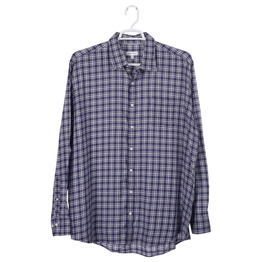 Peter Millar Crown Haight Shirt XL Blue Cotton Plaid Long Sleeve Button Up